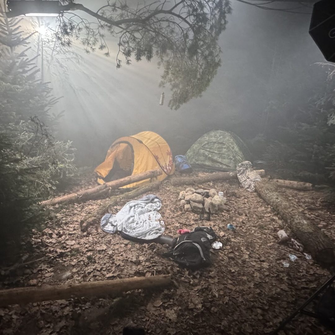 Set of a Microdrama Production of a Campsite in a forest built indoor inside the Black Forest Studios